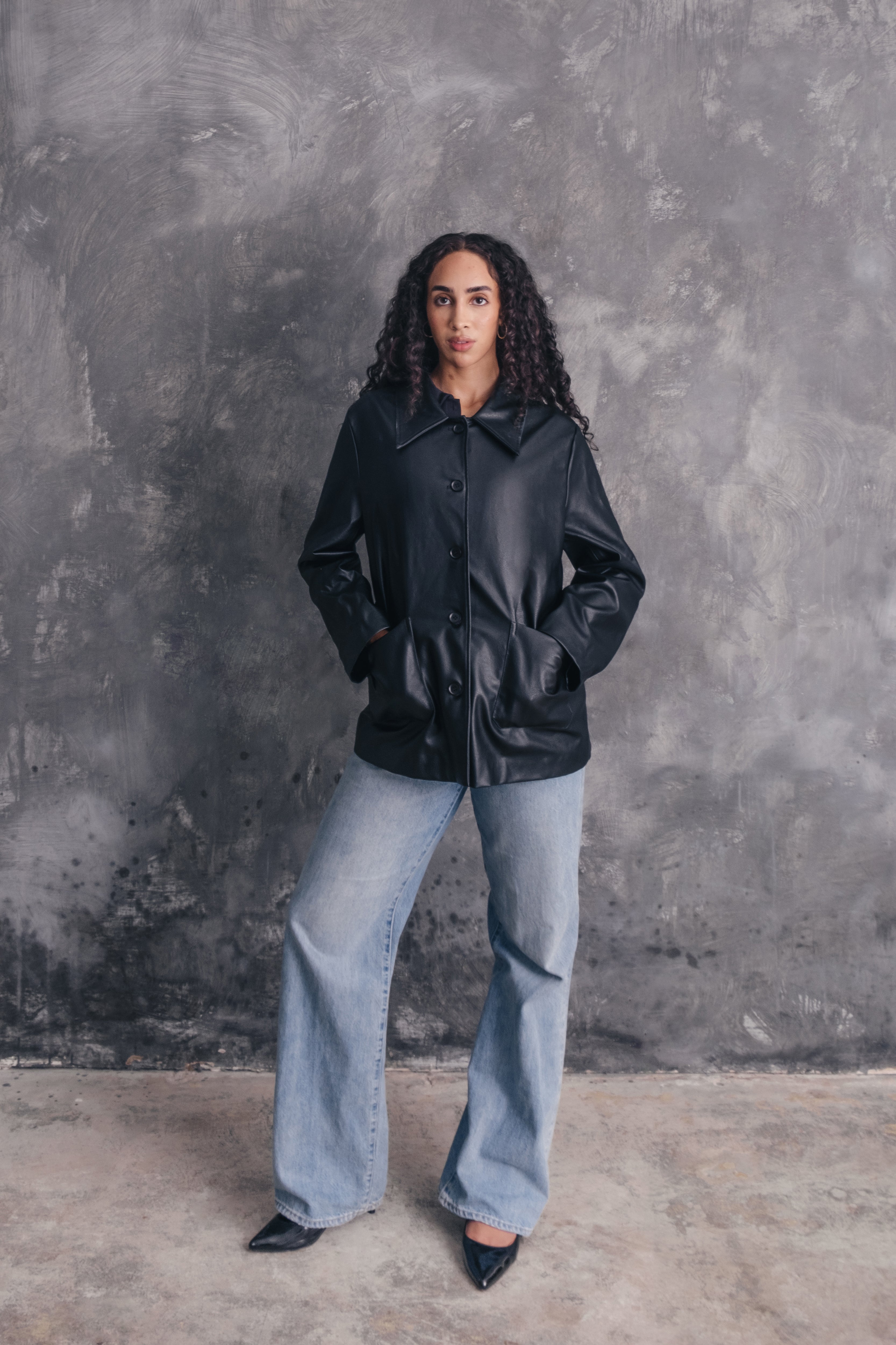 Persephone Oversized Faux Leather Collar Car Coat