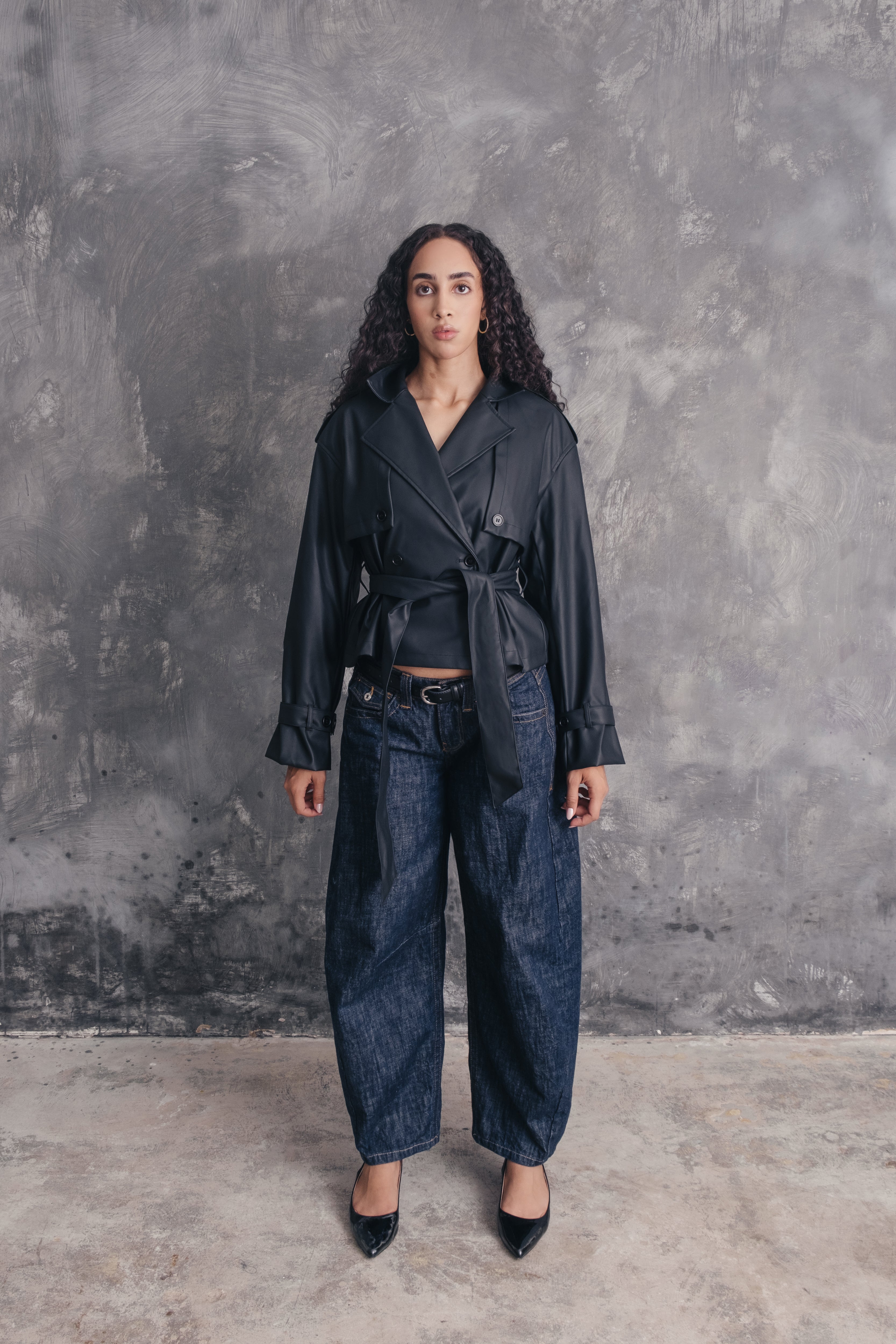 Mira Belted Faux Leather Cropped Trench Jacket