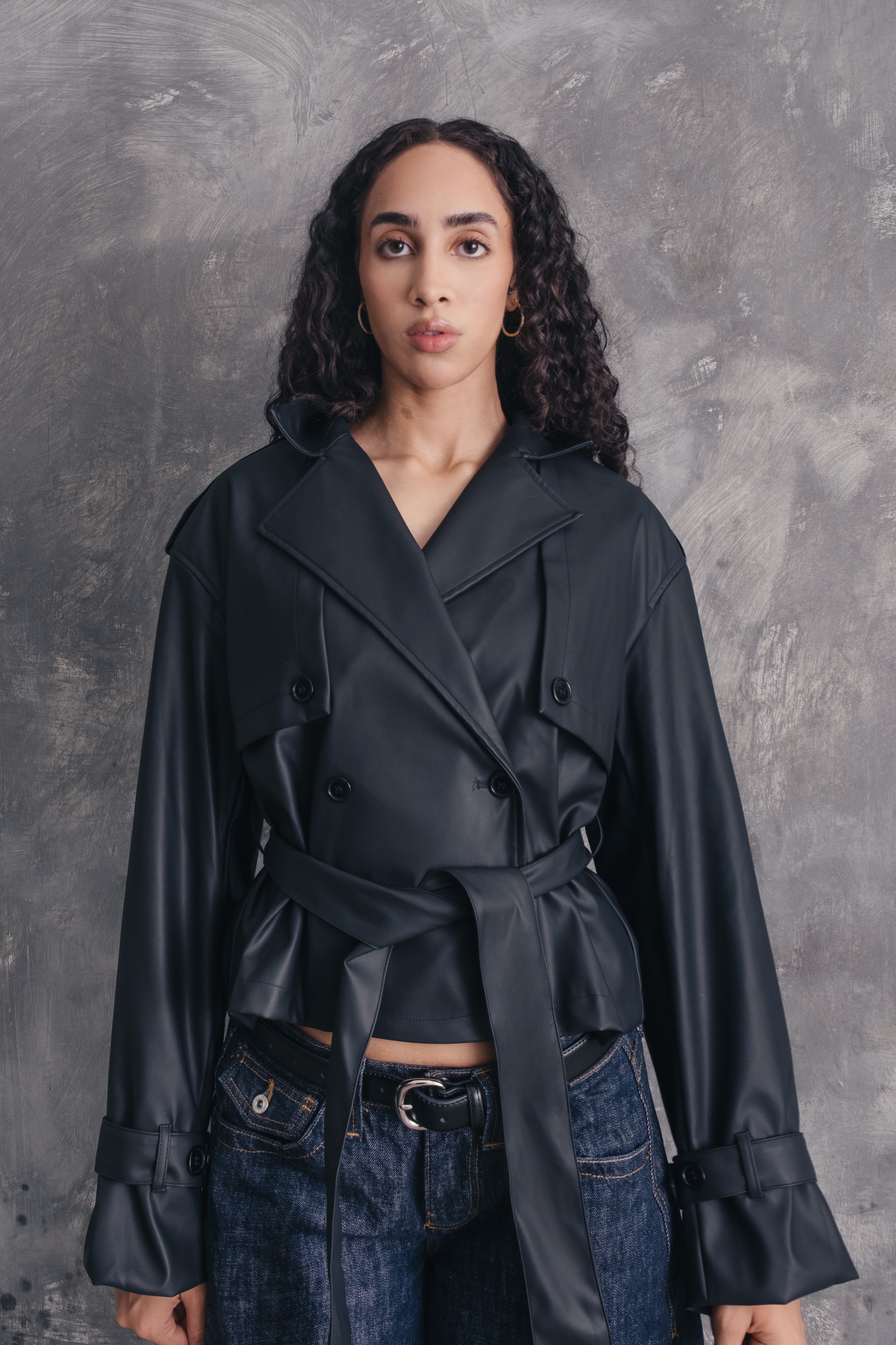 Mira Belted Faux Leather Cropped Trench Jacket