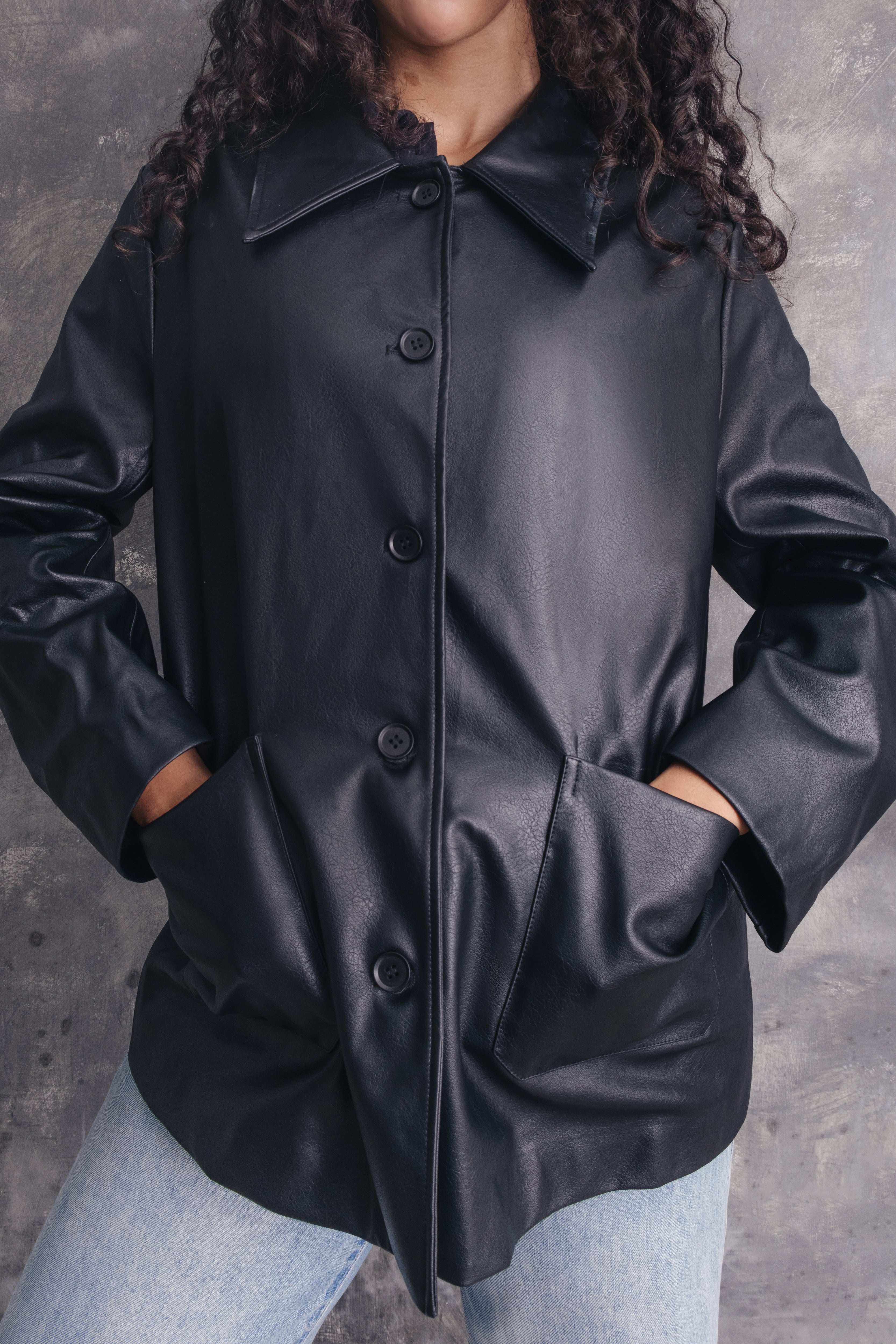 Persephone Oversized Faux Leather Collar Car Coat