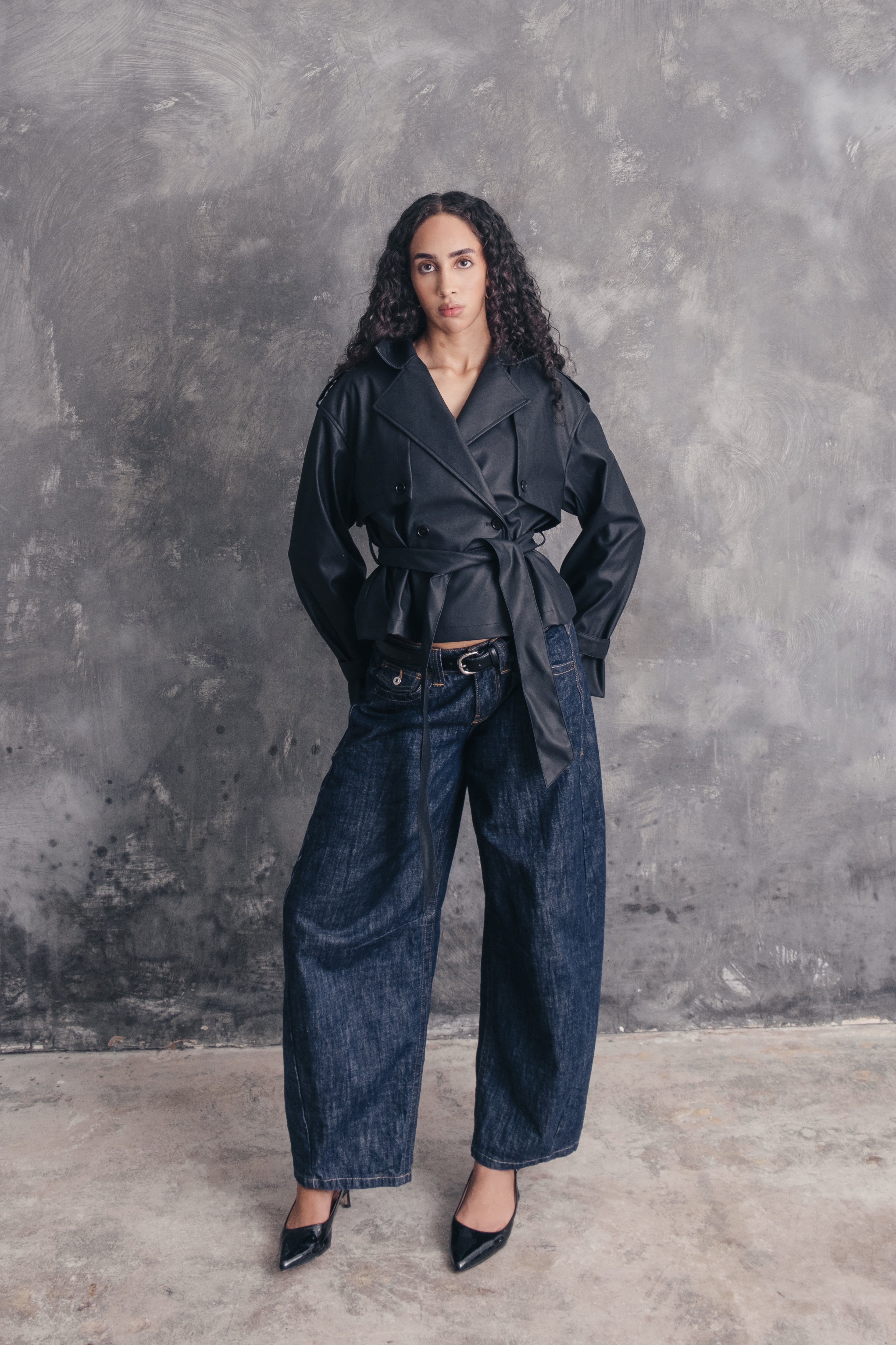 Mira Belted Faux Leather Cropped Trench Jacket