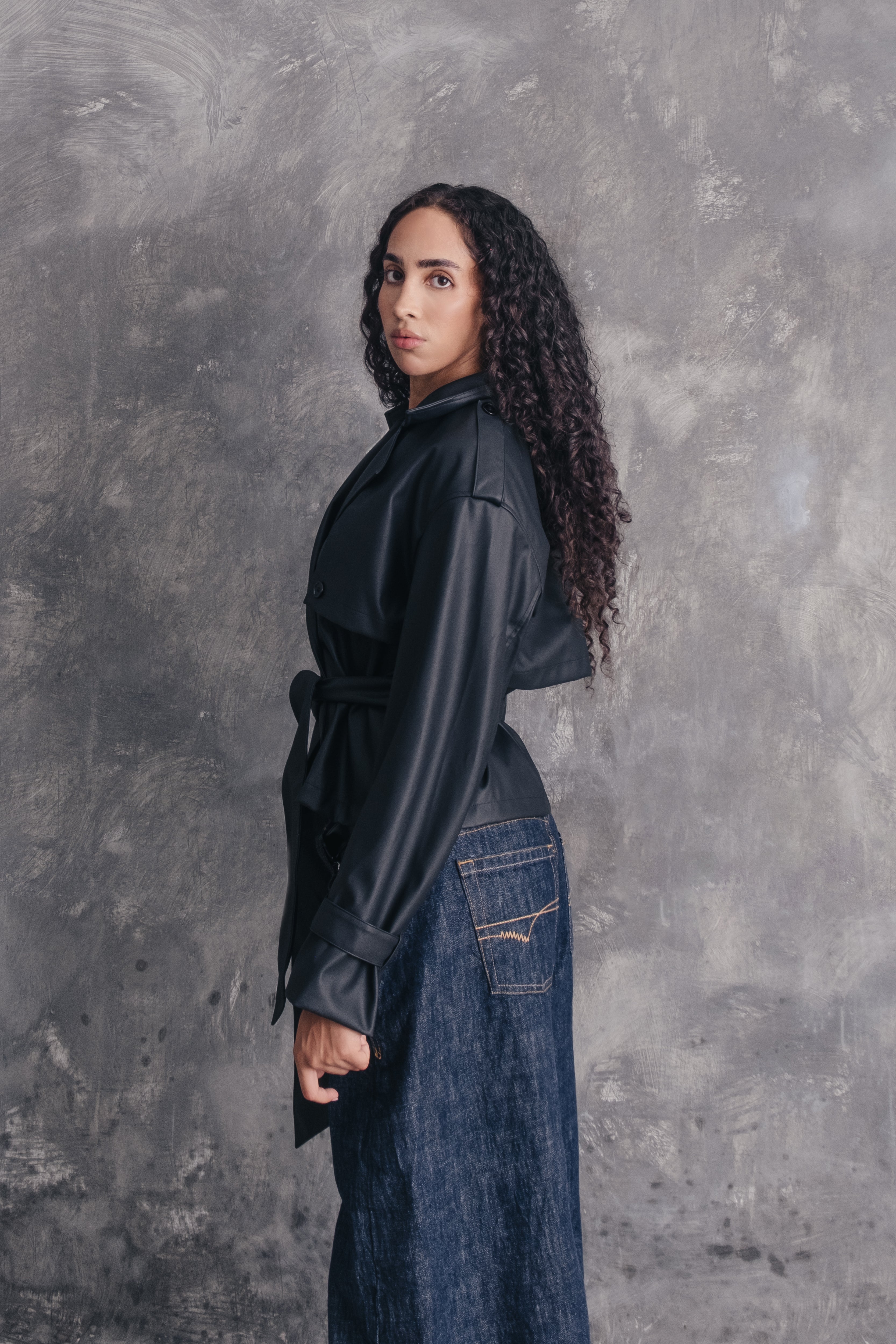 Mira Belted Faux Leather Cropped Trench Jacket