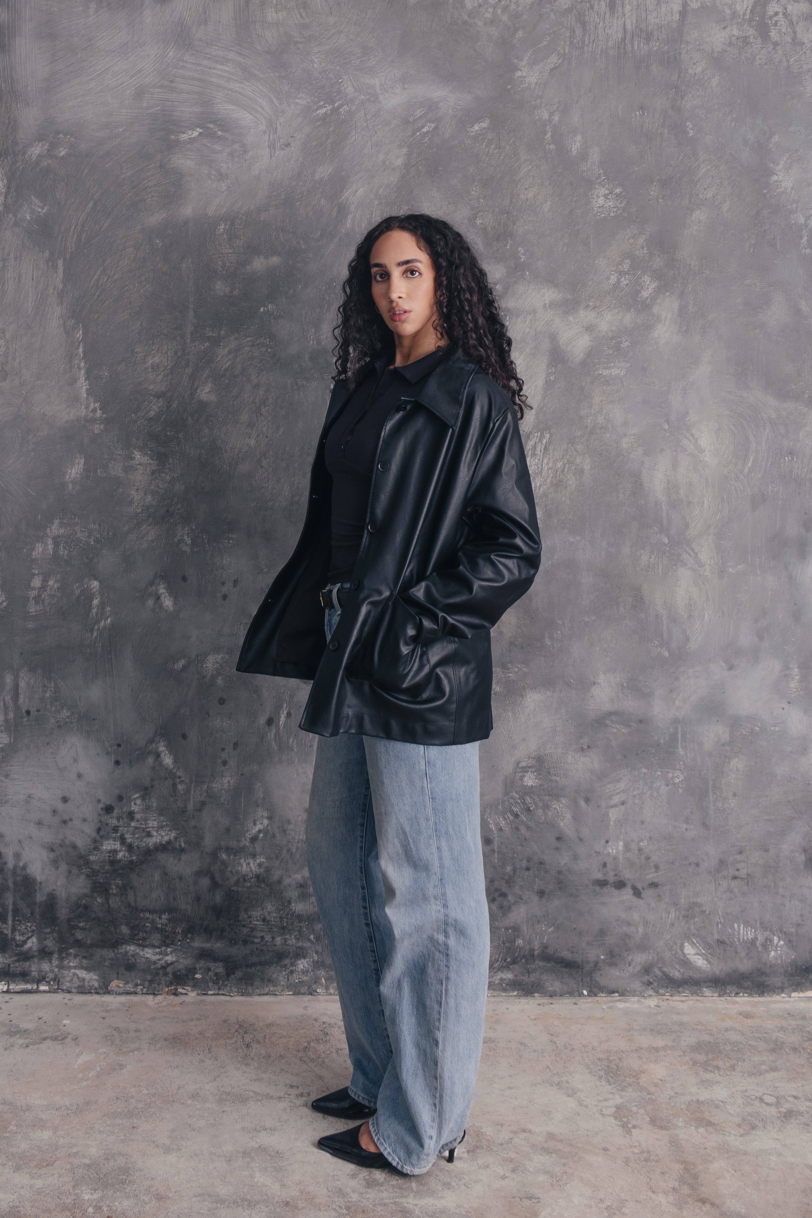 Persephone Oversized Faux Leather Collar Car Coat